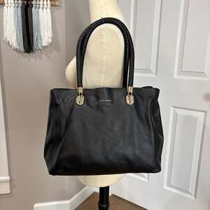 Cole Haan Benson Dark Navy Pebbled Leather Large Tote with Braided Handles